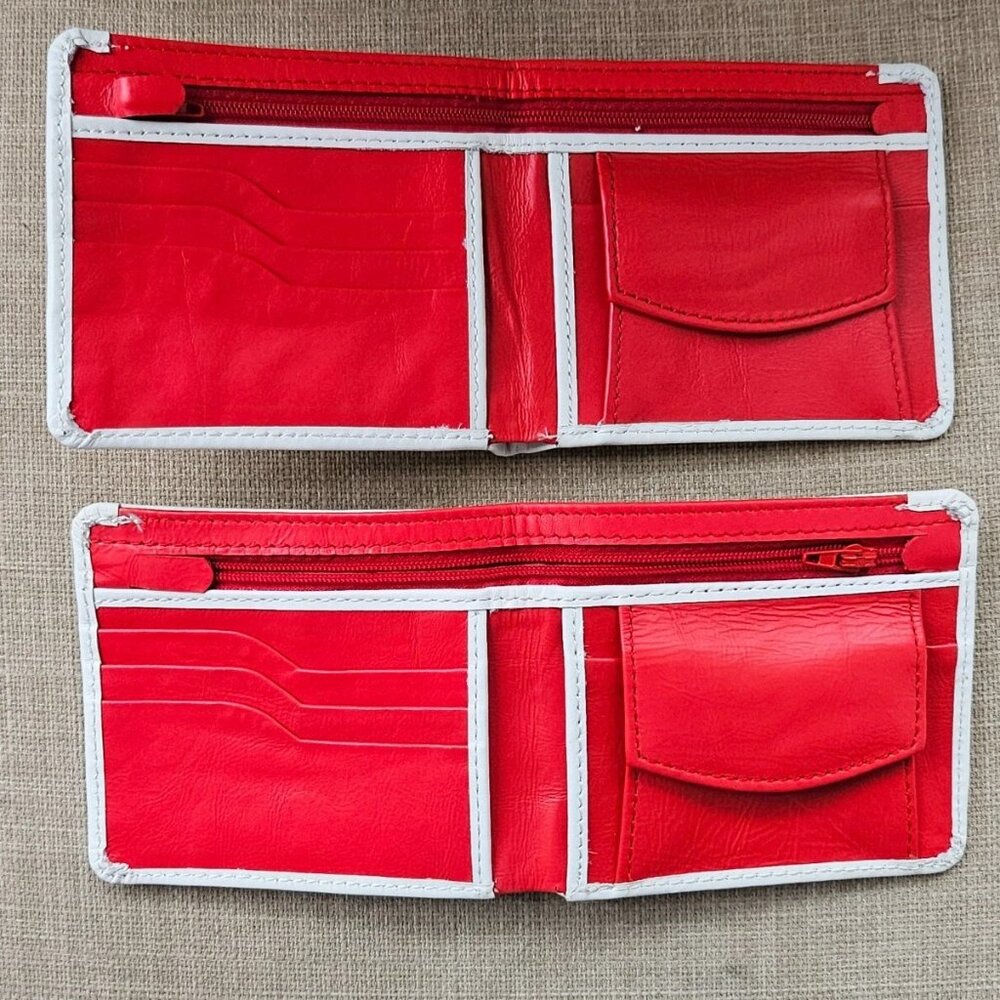 Lot of 2 Wallets Handmade White Billfold Dual Color White/Red Genuine Leather
